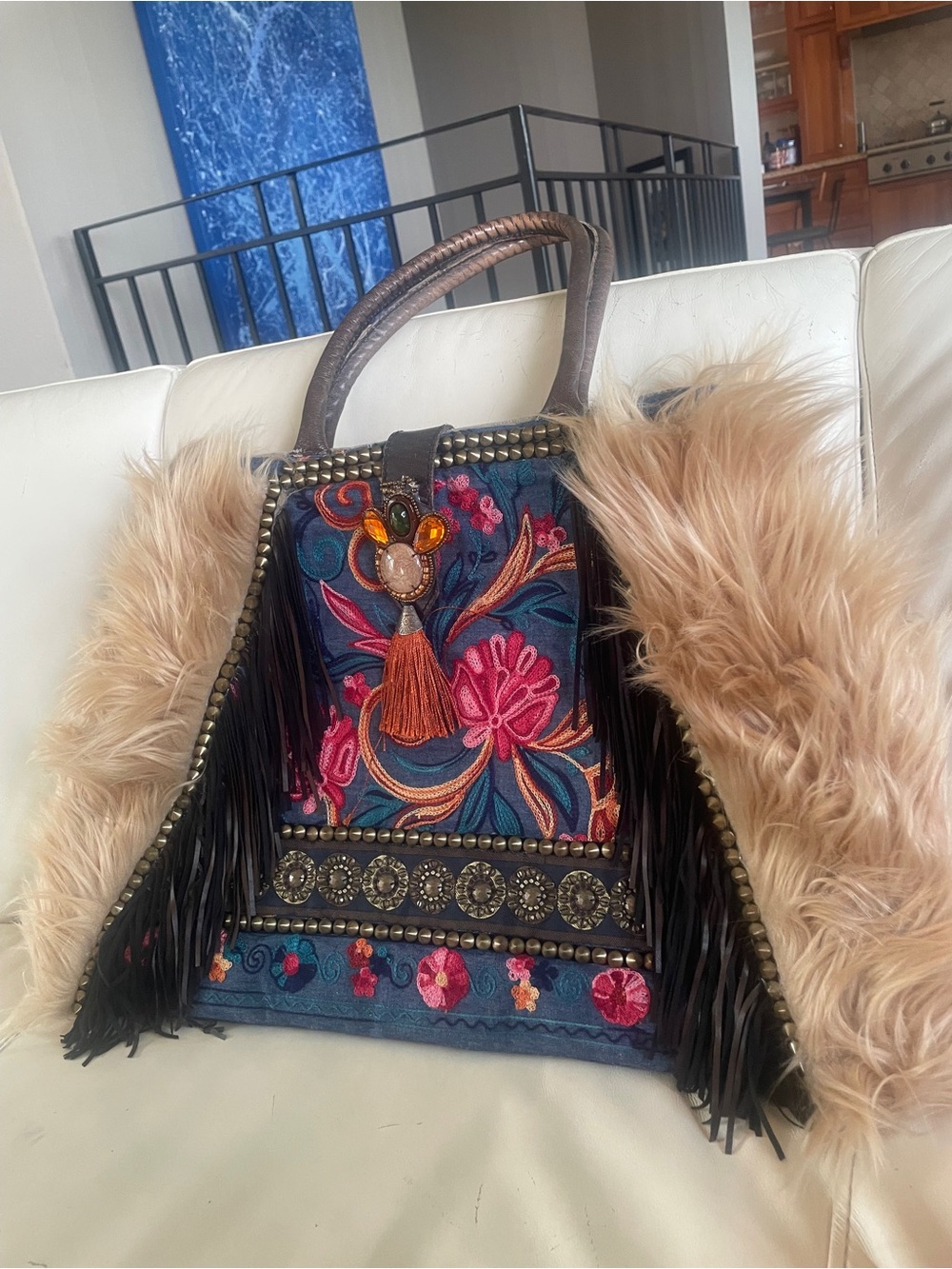 💥 Mona B. Embroidered Floral Fringe Tote Bag in Blue with Tan Faux Fur Trim